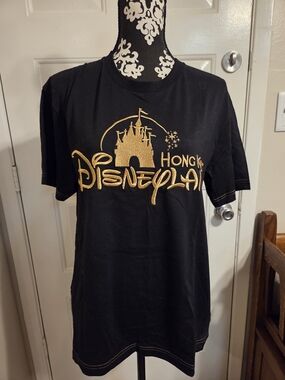 Hong Kong Disneyland Black T-Shirt with Embroidered Gold Logo